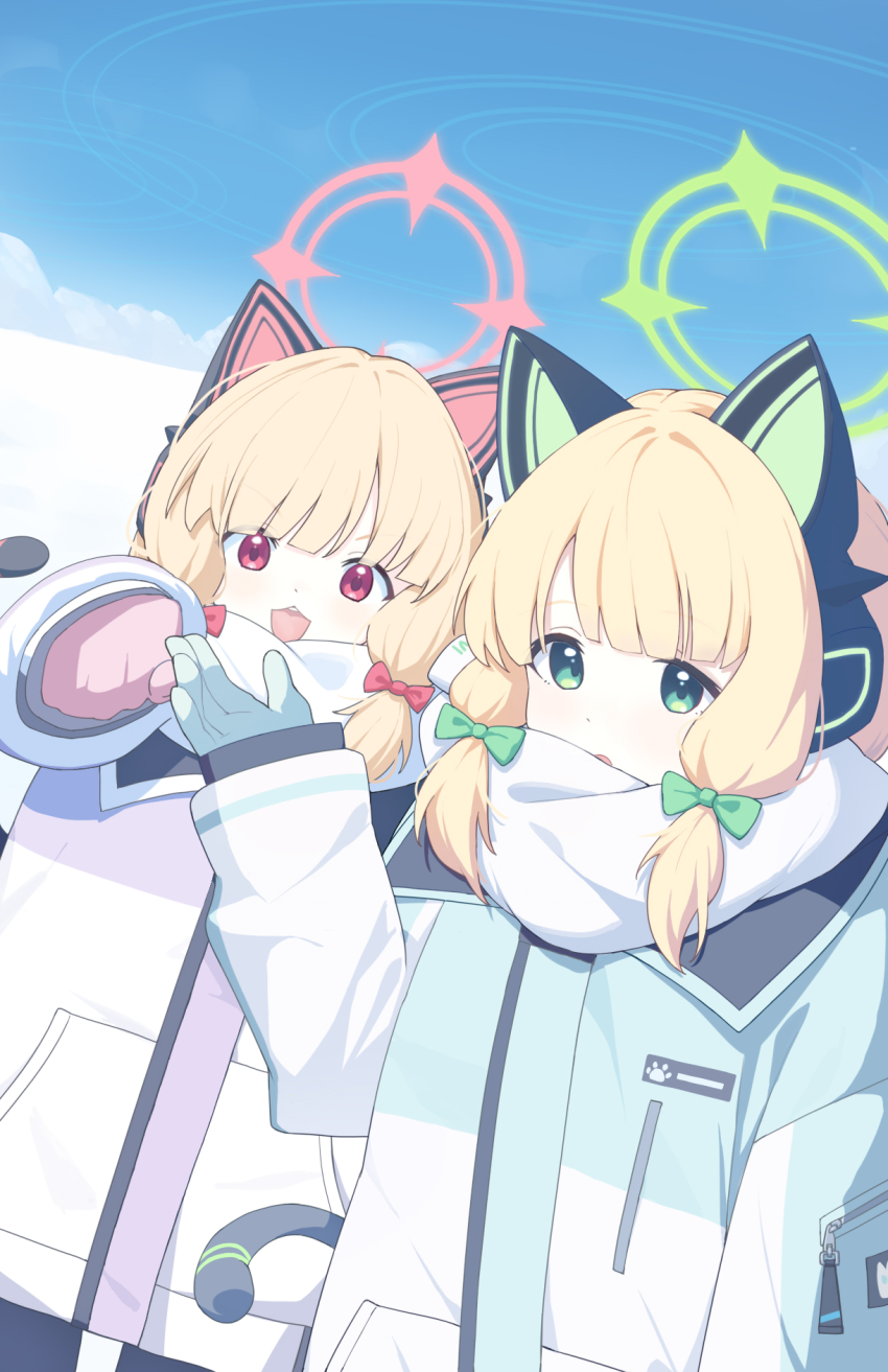 2girls :3 :d :o animal_ear_headphones animal_ears aqua_coat aqua_gloves arm_at_side black_pantyhose blonde_hair blue_archive bow cat_ear_headphones cat_tail clenched_hand coat cowboy_shot day dot_nose dutch_angle fake_animal_ears fake_tail gloves green_bow green_eyes green_halo hair_bow halo hand_up headphones highres light_blush long_sleeves looking_at_viewer low-tied_sidelocks midori_(blue_archive) momoi_(blue_archive) multicolored_coat multiple_girls official_alternate_costume open_hand open_mouth outdoors outstretched_arm pantyhose pink_gloves pink_halo print_scarf puffy_long_sleeves puffy_sleeves purple_coat red_bow red_eyes scarf siblings sidelocks sisters sky sleeves_past_wrists smile snow swept_bangs tachi_yuzuki tail teeth text_print twins upper_body upper_teeth_only v-shaped_eyebrows white_scarf winter winter_clothes winter_coat zipper zipper_pull_tab