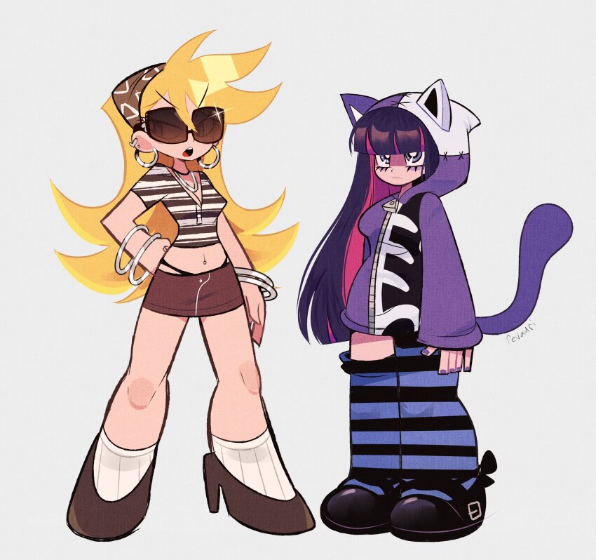 2girls absurdres animal_hood artist_name bangle black_panties black_shoes blonde_hair blunt_bangs blunt_ends bracelet breasts brown_shoes brown_skirt cat_hood cat_tail earrings furrowed_brow hair_between_eyes hand_on_own_hip headscarf high_heels highres hood hood_up hoodie hoop_earrings jewelry long_hair loose_thighhigh mary_janes medium_breasts midriff miniskirt multicolored_hair multiple_girls nail_polish navel navel_piercing necklace open_mouth panties panty_&amp;_stocking_with_garterbelt panty_(psg) piercing pink_hair purple_hair purple_hoodie purple_nails revauri shirt shoes skirt socks stocking_(psg) striped_clothes striped_shirt striped_thighhighs sunglasses tail thighhighs two-tone_hair underwear white_socks