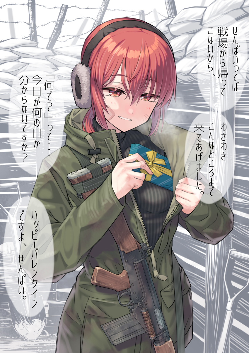1girl barbed_wire battle_rifle black_sweater box breasts breath coat commentary_request earmuffs fn_fal green_coat gun hair_between_eyes highres holding holding_box long_hair long_sleeves looking_down medium_breasts open_clothes open_coat open_mouth original outdoors red_eyes red_hair rifle samaru_(seiga) sandbag shovel smile solo speech_bubble sweater translation_request trench turtleneck turtleneck_sweater upper_body weapon