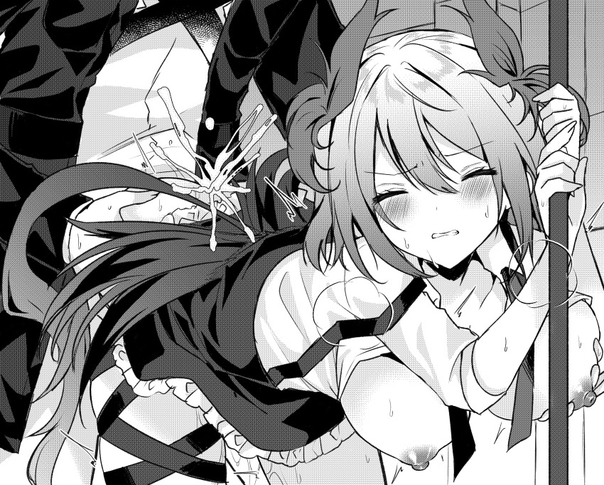 1boy 1girl amesaki_vanilla arknights bent_over blush breasts clenched_teeth closed_eyes cowboy_shot cum doctor_(arknights) ejaculation fiammetta_(arknights) frilled_skirt frills grabbing_another&#039;s_breast greyscale groping hair_between_eyes heavy_breathing hetero highres holding holding_pole large_breasts male_doctor_(arknights) monochrome nipples pole sex sex_from_behind shirt skirt standing sweat tail teeth thigh_strap