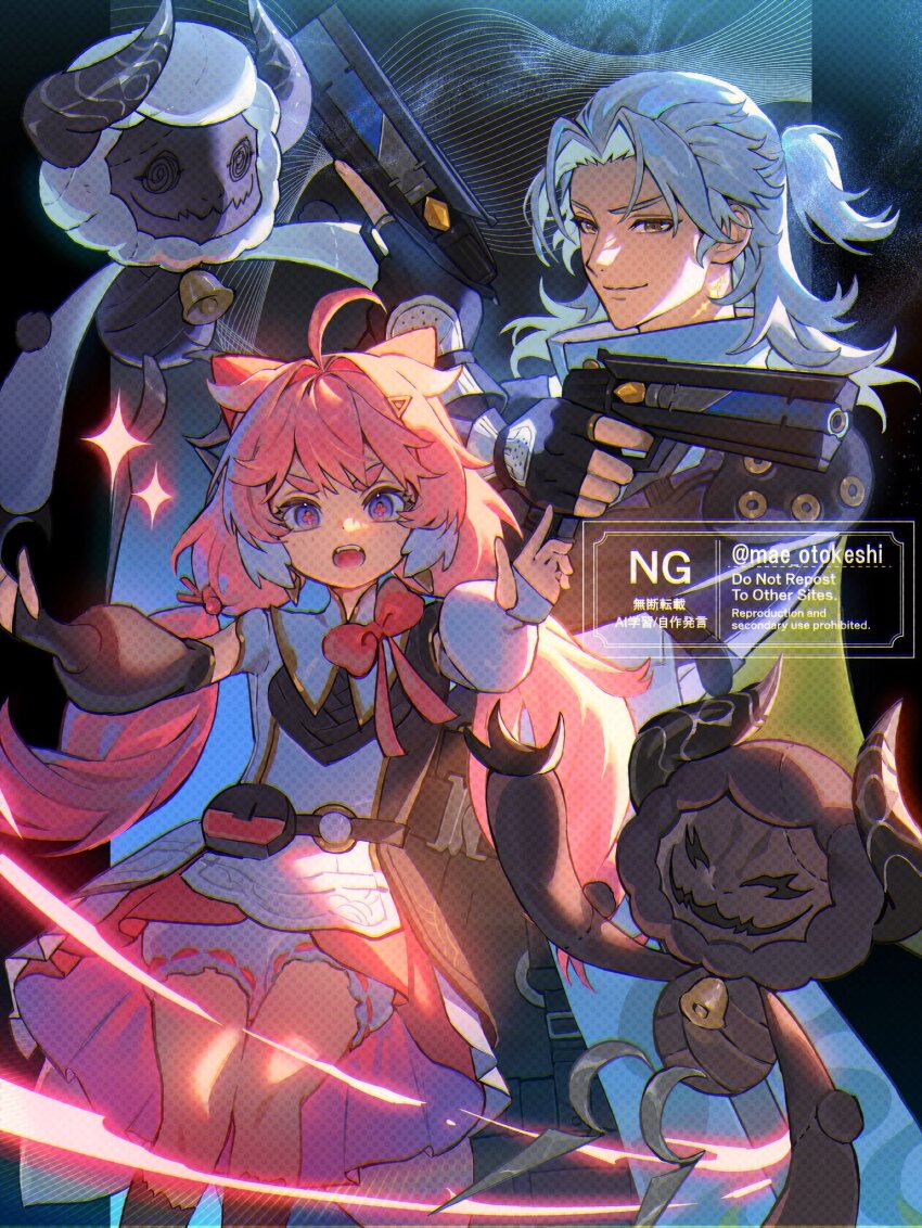 1boy 1girl aalto_(wuthering_waves) ahoge black_gloves black_pants black_shirt cloudy_(wuthering_waves) commentary_request cosmos_(wuthering_waves) dress dual_wielding encore_(wuthering_waves) fingerless_gloves flower-shaped_pupils gloves gun hair_intakes handgun highres holding holding_gun holding_weapon long_hair looking_at_viewer low_twintails medium_hair open_mouth outstretched_arms pants pink_hair pink_pupils pink_skirt ponytail purple_eyes shirt short_ponytail shorts skirt smile symbol-shaped_pupils tabard tacet_mark_(wuthering_waves) takahashi_suika thick_eyebrows twintails v-shaped_eyebrows weapon white_dress white_hair white_shorts white_tabard wuthering_waves yellow_eyes