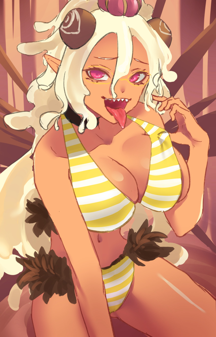 1girl absurdres bemani bikini blonde_hair breasts chocopla-chan cleavage highres horns large_breasts long_hair looking_at_viewer purple_eyes solo sound_voltex striped_bikini striped_clothes swimsuit yashirinda