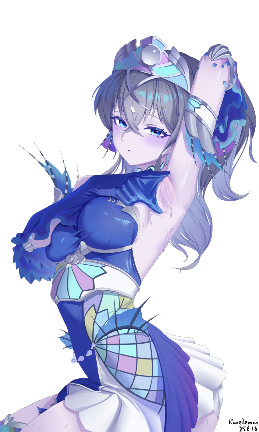 1girl absurdres arm_behind_head arm_fins arm_up armpits blue_dress blue_eyes breasts detached_sleeves dress duel_monster fins fish_girl grey_hair head_fins highres jewelry kitkallos_(yu-gi-oh!) large_breasts long_hair long_sleeves looking_at_viewer open_mouth presenting_armpit rare_lemon sideboob simple_background sky sleeveless sleeveless_dress solo star_(sky) starry_sky tearlaments_kitkallos tiara white_background white_tiara yu-gi-oh!