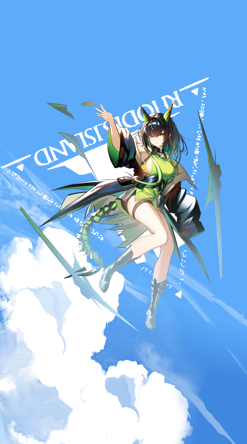 1girl absurdres arknights arm_up bare_shoulders black_boots black_hair black_jacket black_tail blue_sky boots breasts chinese_commentary cloud colored_inner_hair commentary_request dated_commentary day emoji flying full_body green_hair green_shirt green_tail highres jacket knee_boots large_breasts long_hair looking_at_viewer material_growth mon3tr_(arknights) multicolored_hair oripathy_lesion_(arknights) outdoors outstretched_arm rhodes_island_logo_(arknights) shirt sideboob sky smile solo tail thunder-35