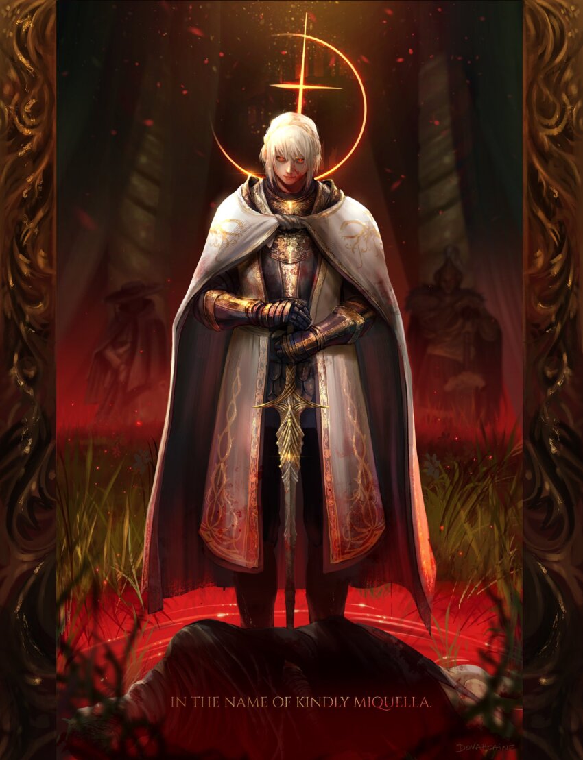 2girls armor armor_under_clothes blonde_hair blood blood_on_clothes blood_on_face bloody_weapon blurry blurry_background braid cloak commentary crown_braid dovahcaine dryleaf_dane elden_ring elden_ring:_shadow_of_the_erdtree english_commentary full_armor gauntlets glowing glowing_eyes golden_cross_(elden_ring) grass hat helm helmet highres knight looking_at_viewer multiple_girls needle_knight_leda ornate ornate_armor planted planted_sword planted_weapon plume red_eyes redmane_freyja sidelocks solo_focus standing sword weapon white_cloak