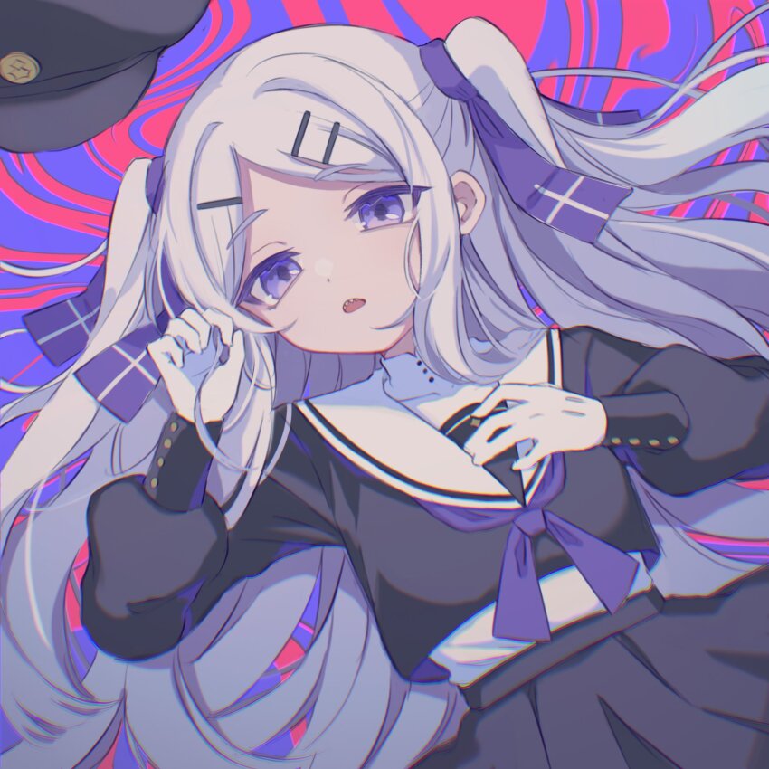1girl :o black_shirt black_skirt blue_eyes blue_neckerchief blue_ribbon gakuseibou geminism gloves hair_ribbon hat highres hirosoma_kikyou looking_at_viewer lying neckerchief on_back ribbon sailor_collar sakana_(saka_14_) school_uniform serafuku sharp_teeth shirt skirt solo teeth two-tone_background two_side_up unworn_hat unworn_headwear white_gloves white_sailor_collar white_undershirt