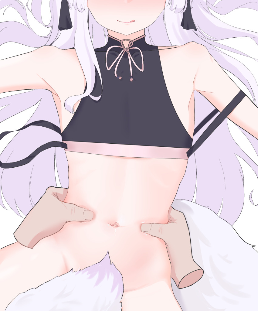 1girl 1hpman :q absurdres blue_archive bottomless closed_mouth collarbone commentary disembodied_hand english_commentary eyes_out_of_frame flat_chest fox_girl fox_tail head_out_of_frame highres kuzunoha_(blue_archive) loli long_hair navel purple_hair pussy simple_background tail tail_censor tongue tongue_out torso_grab white_background