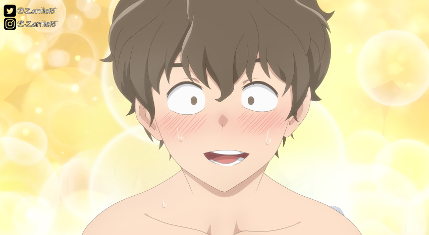 1boy 774_(nanashi) abstract_background absurdres bathing blush brown_eyes brown_hair colorized fake_screenshot hachiouji_naoto highres ijiranaide_nagatoro-san nude open_mouth solo sparkle_background third-party_edit zantle15
