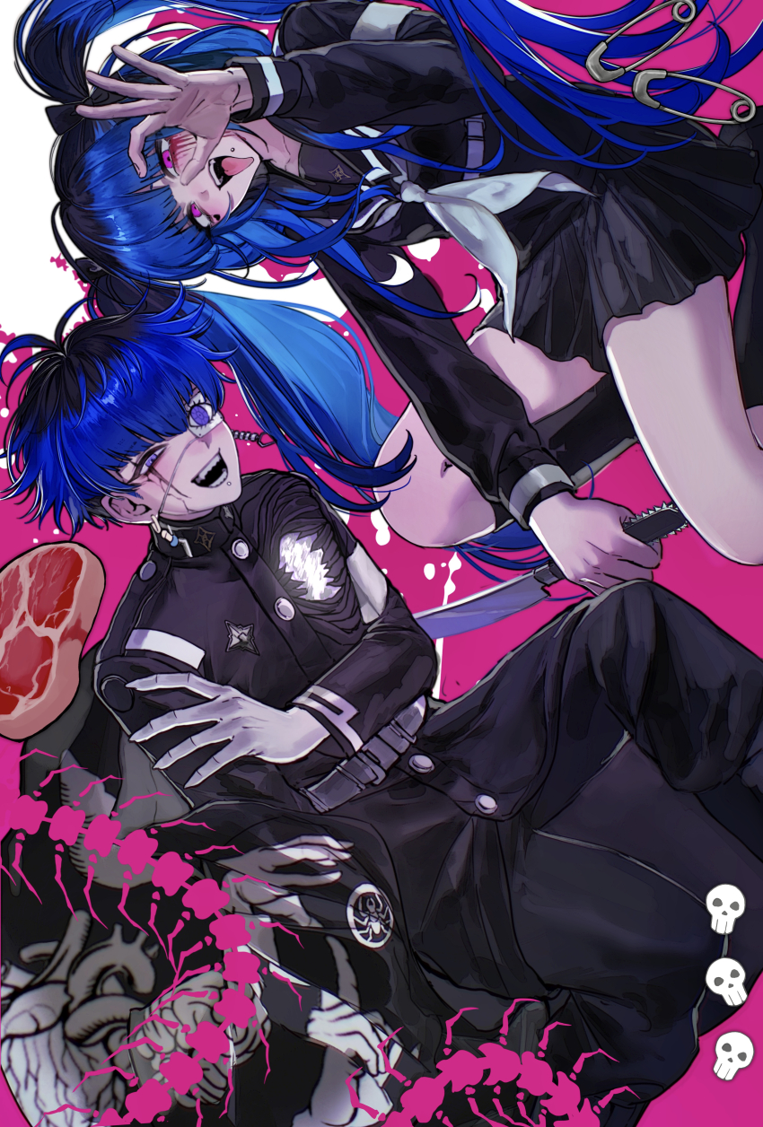 1boy 1girl absurdres amemiya_darumi armband black_bow black_hair black_pants black_skirt blue_hair bow chinese_commentary cracked_skin earrings eye_print eyepatch face_piercing facial_mark fingernails food gakuran gloves grin hair_bow hand_on_own_arm haruno0629 heart heart_facial_mark highres holding holding_knife hole_in_chest hole_on_body jewelry knife labret_piercing last_defense_academy_school_uniform light_blush long_hair looking_at_viewer meat multicolored_hair ok_sign ok_sign_over_eye omokage_yugamu pants piercing pink_background pink_eyes print_eyepatch purple_eyes roots_(hair) safety_pin school_uniform serafuku sharp_fingernails short_hair skirt smile spine the_hundred_line_-last_defense_academy- tongue tongue_out twintails white_armband white_gloves