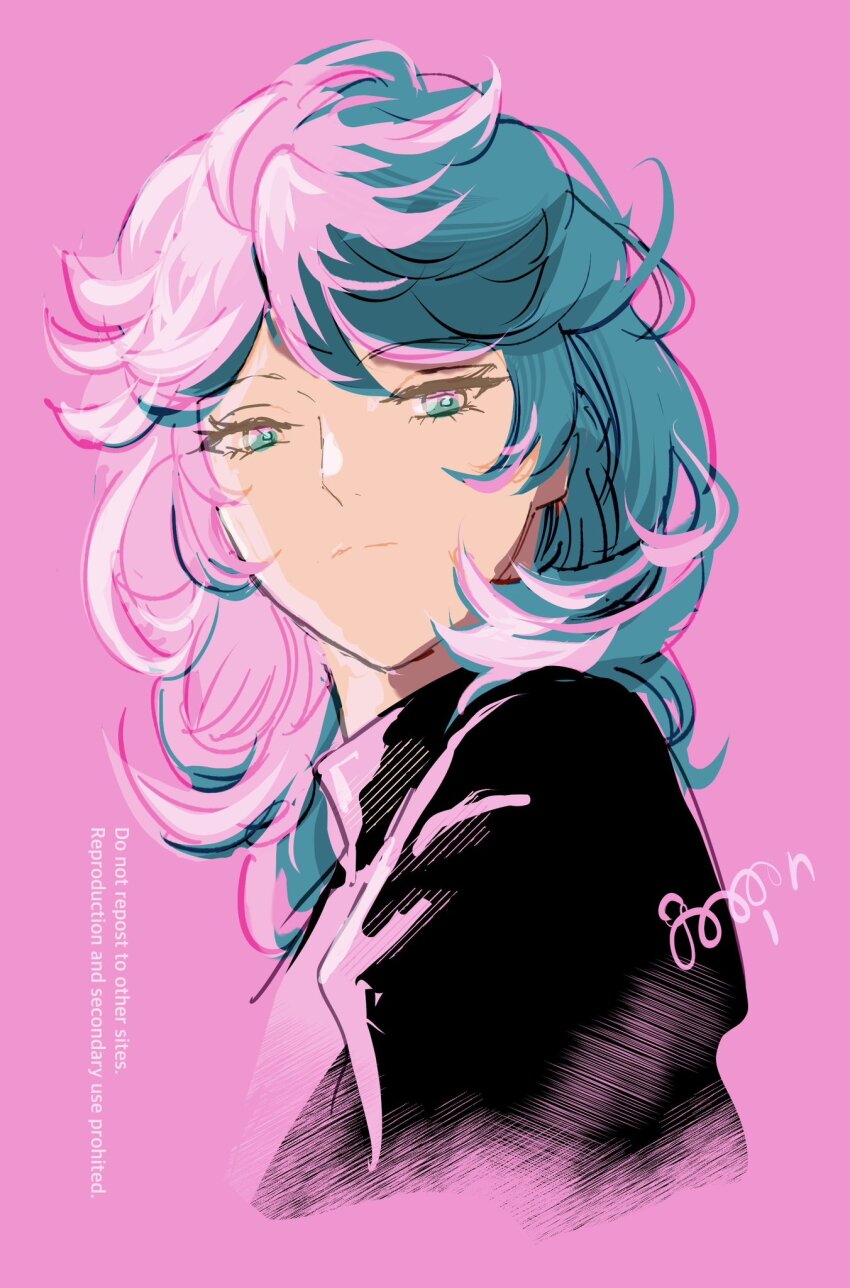 1boy aqua_eyes aqua_hair black_shirt closed_mouth commentary_request cropped_shoulders curly_hair eyelashes from_side goopon highres long_hair looking_at_viewer looking_to_the_side male_focus nintendo pink_background pokemon pokemon_(anime) pokemon_horizons shirt simple_background solo spinel_(pokemon) upper_body