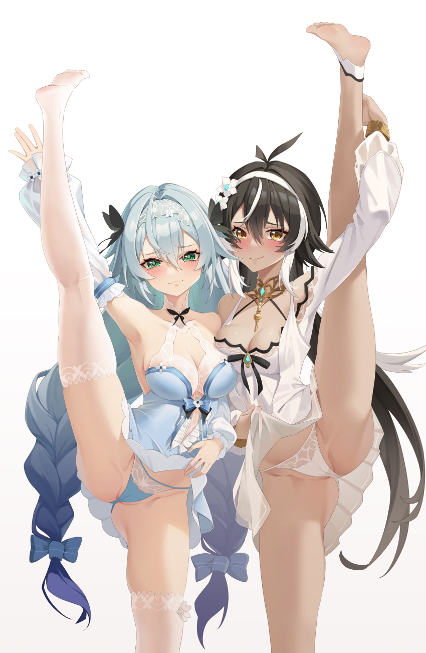 2girls a_san_san absurdres aether_gazer armpits asymmetrical_docking barefoot black_hair blue_dress blue_panties blush brahma_(aether_gazer) braid breast_press breasts butterfly_hair_ornament cameltoe cleavage closed_mouth clothes_lift dark-skinned_female dark_skin dress dress_lift feet flower green_eyes green_hair hair_between_eyes hair_flower hair_ornament highres kali_(aether_gazer) large_breasts legs long_hair looking_at_viewer low_twin_braids medium_breasts multicolored_hair multiple_girls no_shoes panties short_dress simple_background skindentation smile soles split standing standing_on_one_leg standing_split streaked_hair toes twin_braids underwear very_long_hair white_background white_dress white_flower white_hair white_panties yellow_eyes