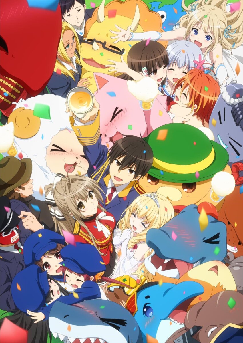 &gt;_&lt; 6+girls ^_^ adachi_eiko ahoge aiguillette amagi_brilliant_park antenna_hair arm_up ashe_(amaburi) bandou_biino blonde_hair blue_eyes blue_hair blue_ribbon blush bow breasts brown_eyes brown_hair character_request chuujou_shiina closed_eyes closed_mouth commentary_request confetti crown detached_sleeves drink everyone from_above glasses group_hug hair_bow hair_intakes hair_ornament hair_ribbon hairclip happy hat highres hug jacket kanie_seiya koborii_(amaburi) large_breasts latifa_fleuranza long_hair looking_at_viewer looking_up macaron_(amaburi) mask military_uniform moffle multiple_girls muse_(amaburi) nyantype official_art one_eye_closed open_mouth red_eyes red_hair red_jacket ribbon salama_(amaburi) sento_isuzu smile standing sylphy_(amaburi) tiramii twintails white_bow