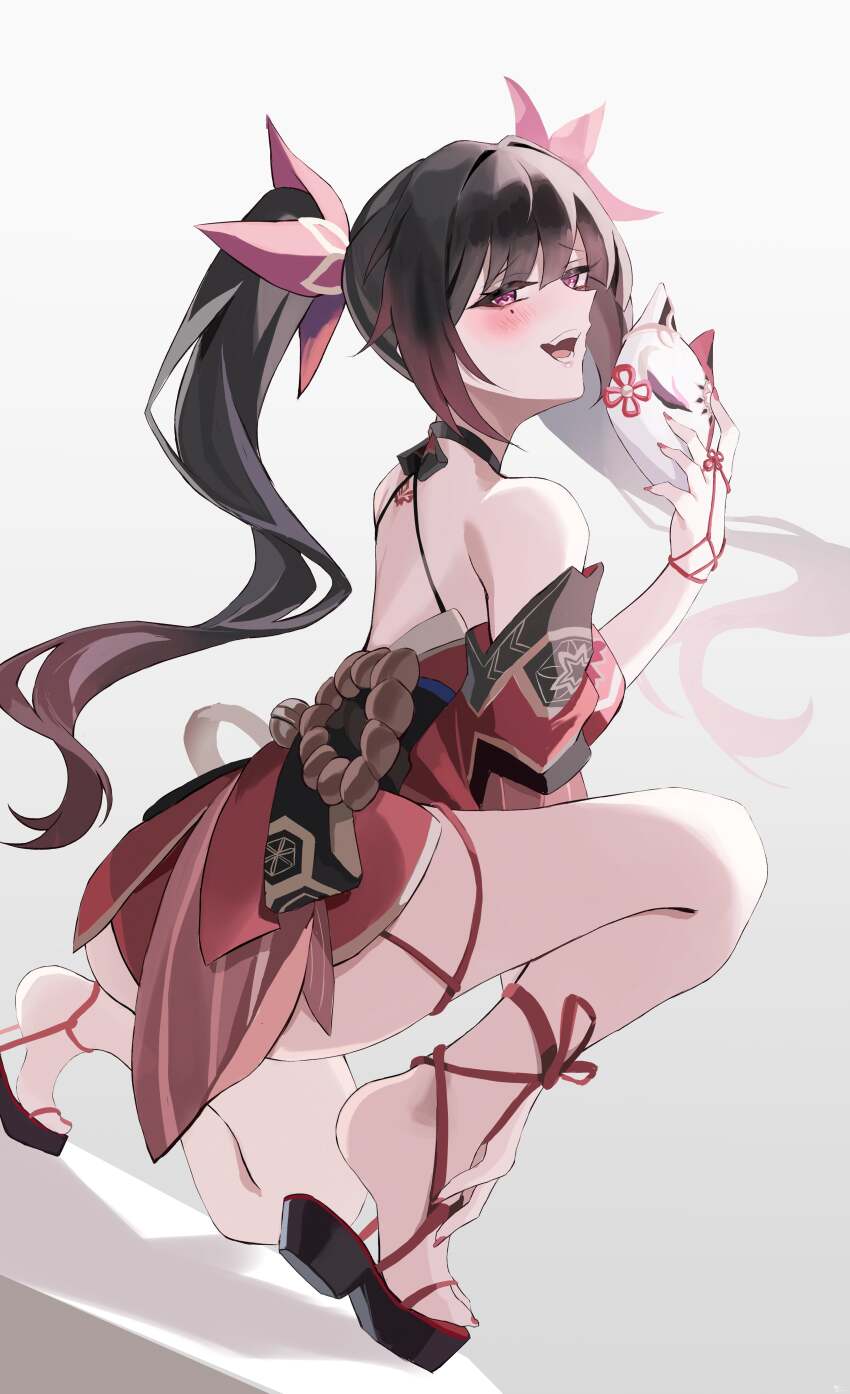1girl absurdres bow breasts cleavage dress fox_mask hair_between_eyes highres holding honkai:_star_rail honkai_(series) japanese_clothes long_hair long_legs looking_at_viewer mask nail_polish red_dress red_eyes sandals sash simple_background smug sparkle_(honkai:_star_rail) squatting tattoo thighs twintails yato_(yama0x1)