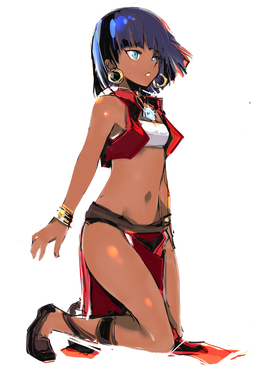 1girl bandeau bare_shoulders blue_eyes blunt_bangs bob_cut bracelet dark-skinned_female dark_skin earrings fushigi_no_umi_no_nadia gem highres jewelry lace-up loincloth looking_ahead midriff nadia_la_arwall navel neck_ring necklace parted_lips pendant purple_hair red_vest sandals short_hair simple_background sketch solo strapless thighs vest white_background white_bandeau wind yoto_(rinlin2)