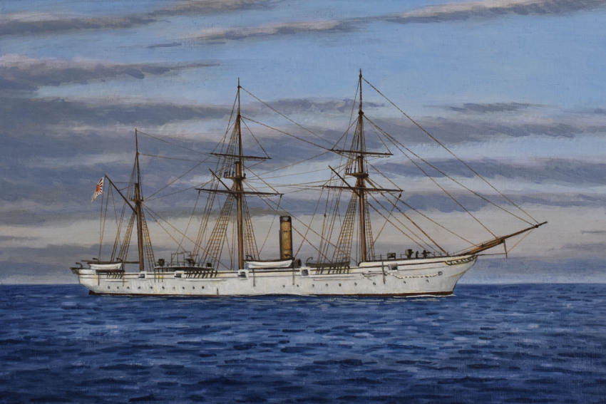 absurdres acrylic_paint_(medium) amagi_(frigate) atelier_bono evening flag frigate highres imperial_japanese_navy japanese_flag mast military_vehicle morning no_humans ocean original painting_(medium) ship sky smoke smokestack traditional_media vehicle_focus warship watercraft