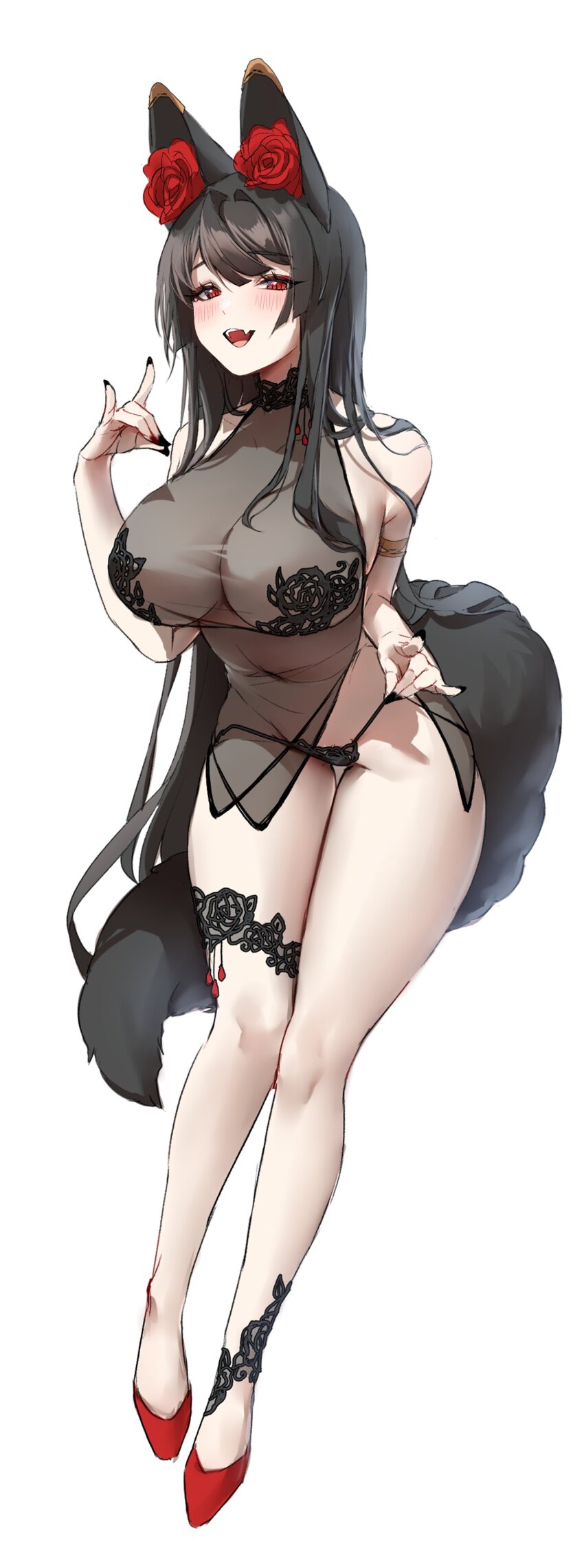 1girl :d absurdres animal_ears bara_(tacco) black_hair black_nails blush breasts cleavage commentary dated fangs fingernails flower fox_ears fox_girl fox_shadow_puppet fox_tail frilled_thigh_strap full_body hand_up high_heels highres knees lace lace_panties large_breasts legs long_hair nail_polish open_mouth original panties panty_lift red_eyes red_flower red_footwear red_rose revision rose see-through_clothes signature simple_background smile solo straight_hair string_panties tacco_(tikeworld) tail thick_thighs thigh_strap thighs underwear white_background