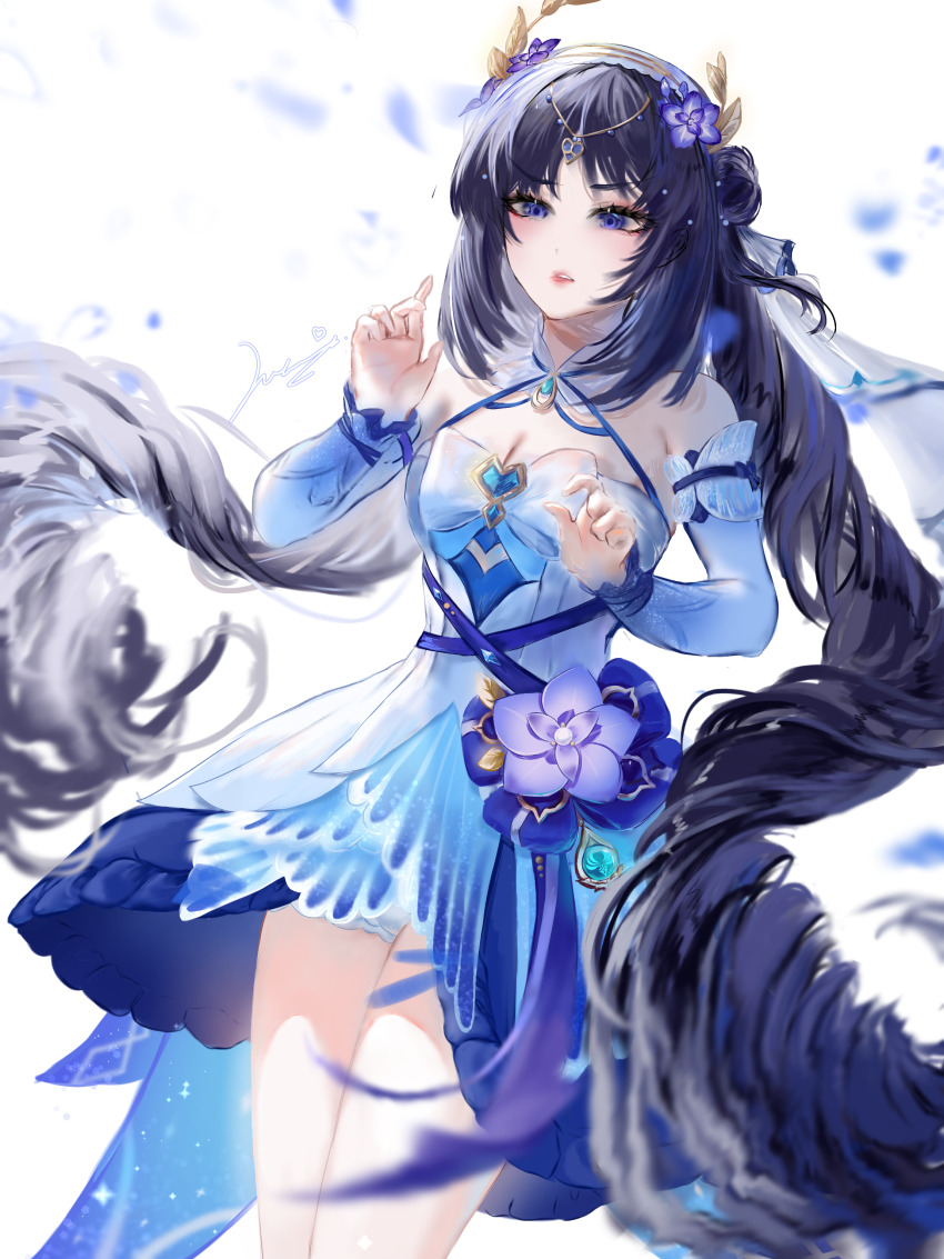1girl absurdres alternate_costume anemo_symbol_(genshin_impact) bare_shoulders blue_dress blue_eyes blue_flower blue_petals blue_sleeves blue_veil breasts chest_bow cleavage commentary cosplay cowboy_shot detached_sleeves dress english_commentary falling_petals flower genderswap genderswap_(mtf) genshin_impact hair_flower hair_ornament hairband halterneck highres hikari_my_dear long_hair nilou_(breeze_of_sabaa)_(genshin_impact) nilou_(genshin_impact) nilou_(genshin_impact)_(cosplay) petals purple_hair ringlets scaramouche_(genshin_impact) sidelocks small_breasts solo veil very_long_hair vision_(genshin_impact) wanderer_(genshin_impact) white_background