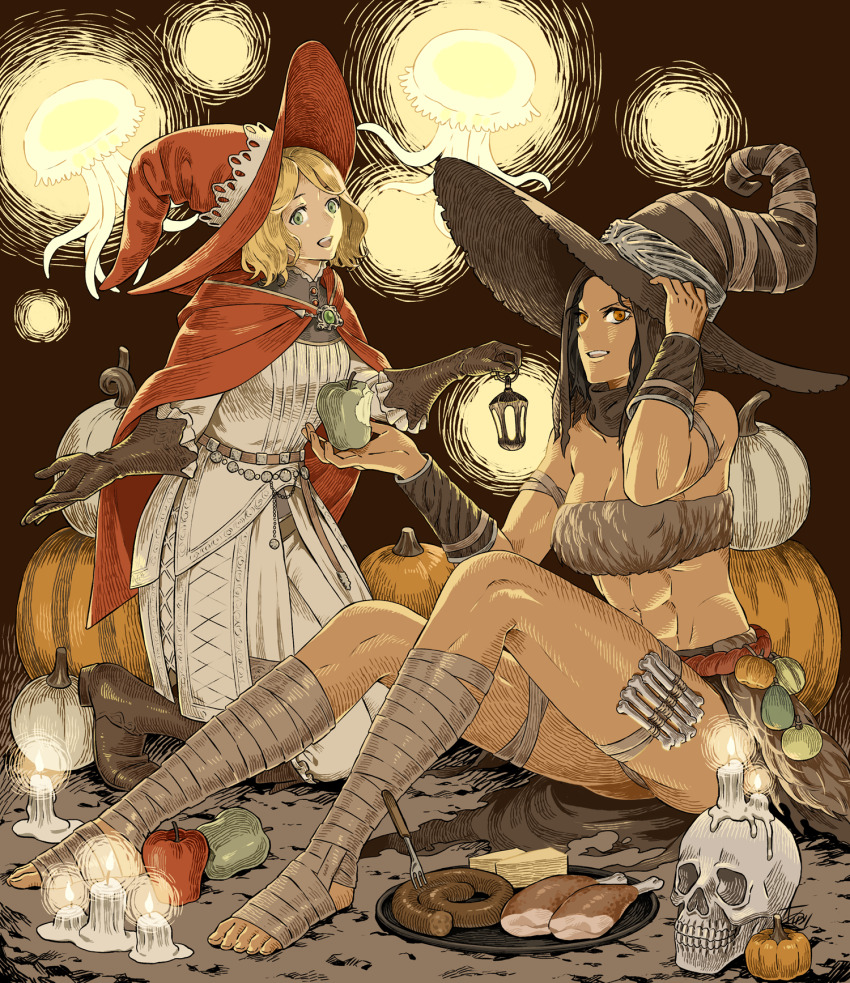 2girls abs arizuka_(catacombe) blonde_hair bone bracer candle cape dark-skinned_female dark_skin elden_ring food fruit gloves green_eyes halloween hat highres jellyfish kneeling lantern meat medium_hair multiple_girls muscular muscular_female nepheli_loux orange_eyes pumpkin roderika_(elden_ring) sausage sitting skull witch_hat