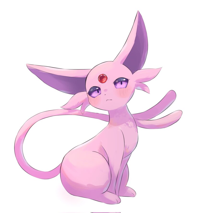 blush closed_mouth espeon forehead_jewel forked_tail gabbydesuyo gen_2_pokemon highres nintendo no_humans pokemon pokemon_(creature) purple_eyes sidelocks sitting solo tail