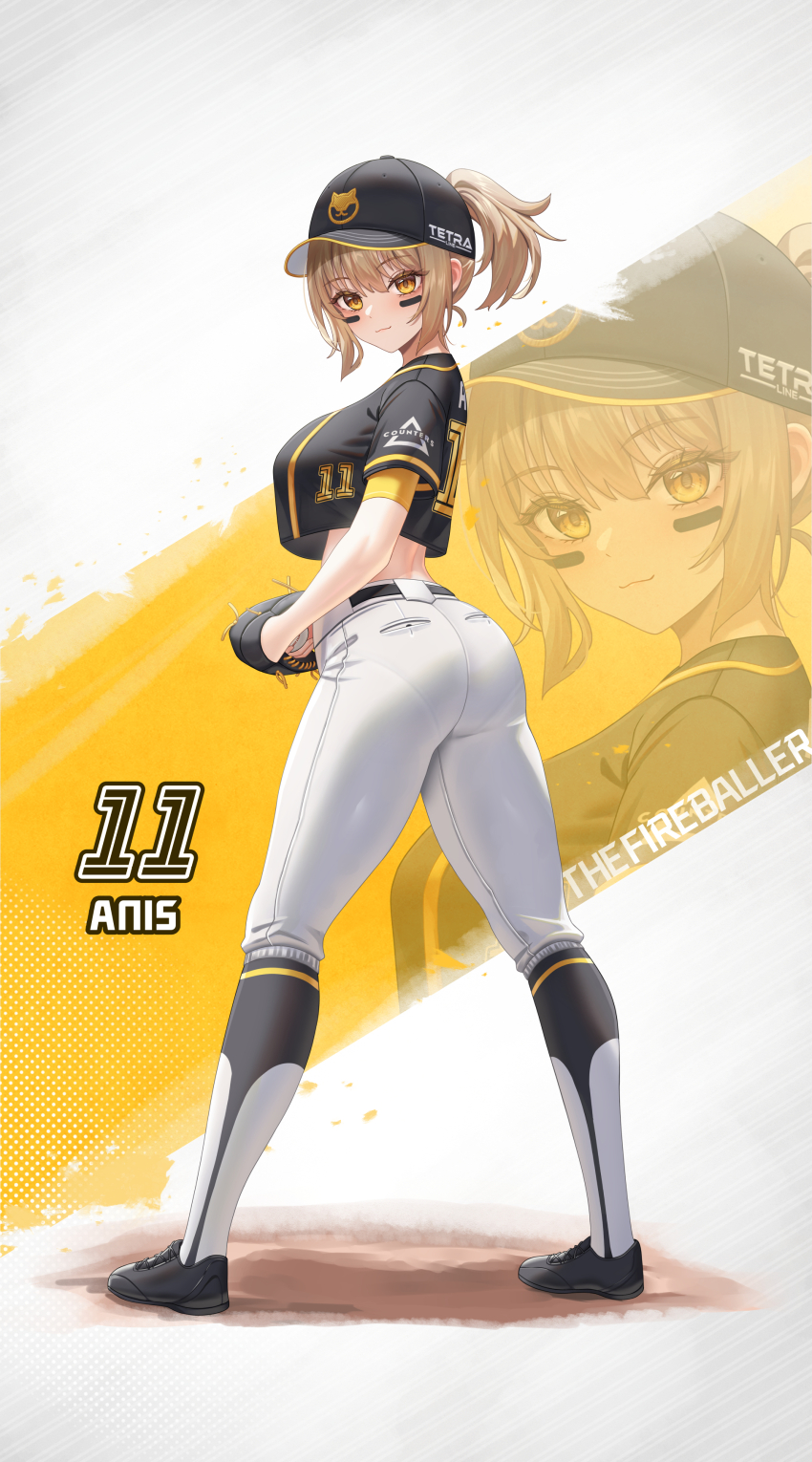 1girl absurdres anis_(nikke) ass ball baseball_cap baseball_glove baseball_uniform black_hat black_shirt black_shoes black_socks blonde_hair breasts closed_mouth cropped_shirt english_text eye_black from_behind full_body goddess_of_victory:_nikke hat highres holding holding_ball large_breasts looking_at_viewer pants ponytail shirt shoes short_hair sidelocks smile sneakers socks solo sportswear standing subob_(subobdesu) tight_clothes tight_pants white_pants yellow_eyes zoom_layer