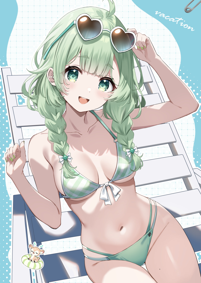 1girl :d absurdres antlers bare_arms beach_chair braid breasts collarbone commentary deer english_commentary eyewear_on_head green_eyes green_hair green_nails heart heart-shaped_eyewear highres horns innertube long_hair looking_at_viewer mixed-language_commentary nail_polish natori_hinata navel open_mouth project_nebula reindeer_antlers safety_pin siokazunoko sitting small_breasts smile solo sunglasses swim_ring swimsuit teeth thick_eyebrows twin_braids upper_teeth_only virtual_youtuber
