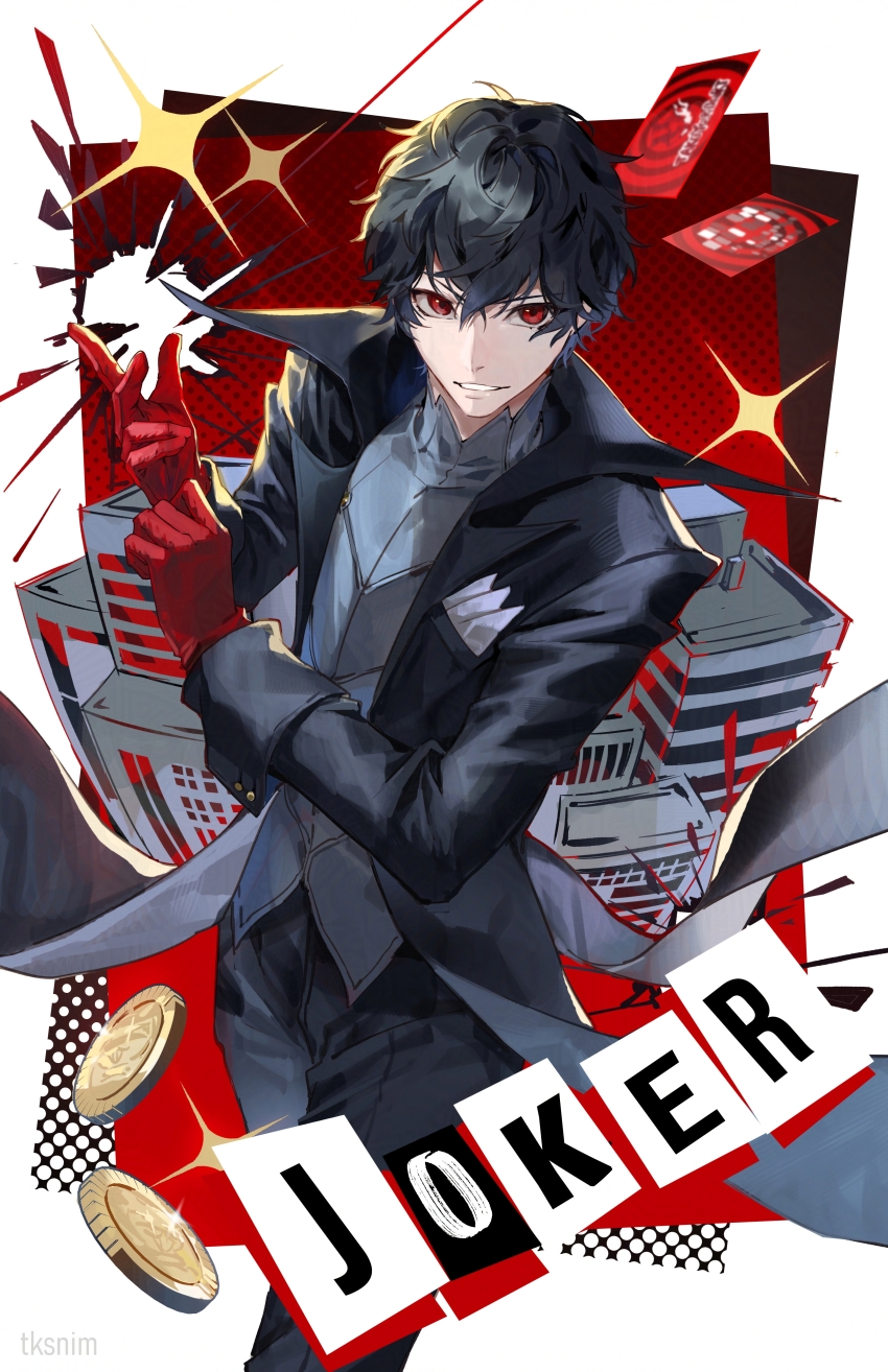 1boy absurdres amamiya_ren black_coat black_hair black_pants building calling_card character_name coat coin curly_hair floating_clothes from_above gloves grey_shirt grin high_collar highres joker_(persona_5) male_focus open_clothes open_coat pants persona persona_5 red_background red_eyes red_gloves shirt short_hair smile solo tk_(tksnim) walking