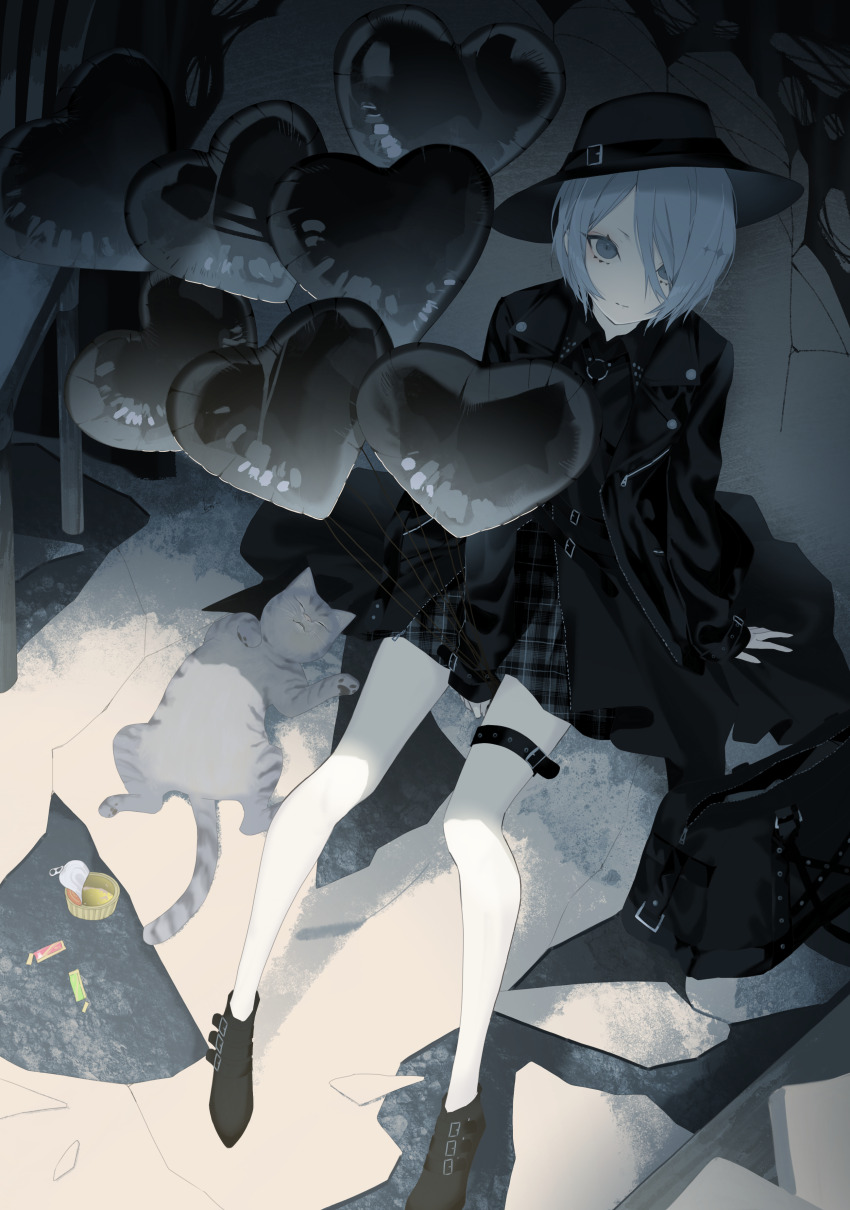 1girl absurdres ankle_boots bag balloon belt black_bag black_bow black_coat black_dress black_hat boots bow cat chest_harness closed_mouth coat commentary dress duffel_bag fedora from_above full_body grey_eyes grey_hair hair_over_one_eye harness hat hat_bow heart_balloon highres kotarou_(kot_mochi) light_smile long_sleeves looking_at_viewer lying on_back open_clothes open_coat original pale_skin pet_food plaid_clothes plaid_dress short_hair slit_pupils solo thigh_belt thigh_strap zipper zipper_pull_tab