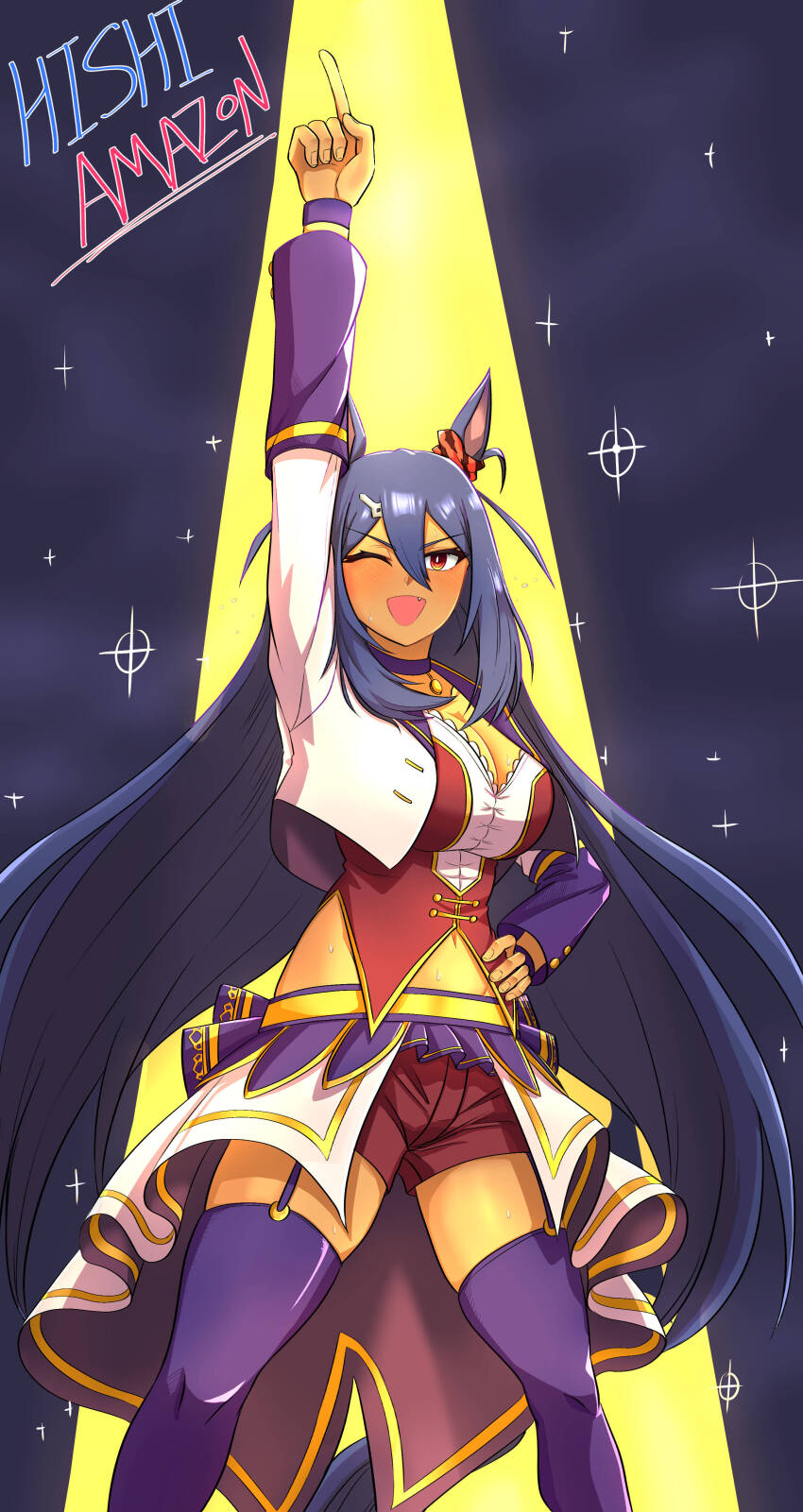 1girl ;d absurdres animal_ears arm_up blue_hair choker dark-skinned_female dark_skin ear_scrunchie fang feet_out_of_frame hair_between_eyes hair_ornament hairclip highres hishi_amazon_(umamusume) horse_ears horse_girl index_finger_raised jacket long_hair long_sleeves looking_up midriff one_eye_closed open_mouth pointing pointing_up purple_thighhighs red_eyes red_scrunchie red_shorts rottenorang scrunchie shorts simple_background smile solo starting_future_(umamusume) tan thigh_strap thighhighs umamusume v-shaped_eyebrows white_jacket
