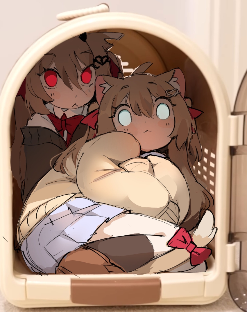 2girls :&lt; :3 absurdres animal_ears aqua_eyes black_cardigan bow brown_hair cage cardigan cat_ears cat_girl cat_tail evil_neuro-sama hair_between_eyes hair_ornament hairclip heart heart_hair_ornament highres in_container indie_virtual_youtuber long_hair looking_at_viewer multiple_girls neuro-sama pasharuu pleated_skirt red_bow red_eyes school_uniform siblings sisters skirt tail tail_bow tail_ornament virtual_youtuber yellow_cardigan