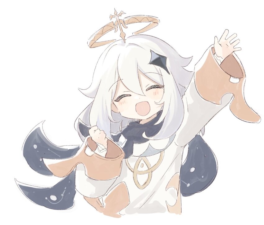 1girl ^_^ arm_up black_scarf blush clenched_hand closed_eyes dress facing_viewer genshin_impact hair_between_eyes hair_ornament halo long_hair long_sleeves open_mouth paimon_(genshin_impact) scarf shirase_(shirose) simple_background solo white_background white_dress white_hair