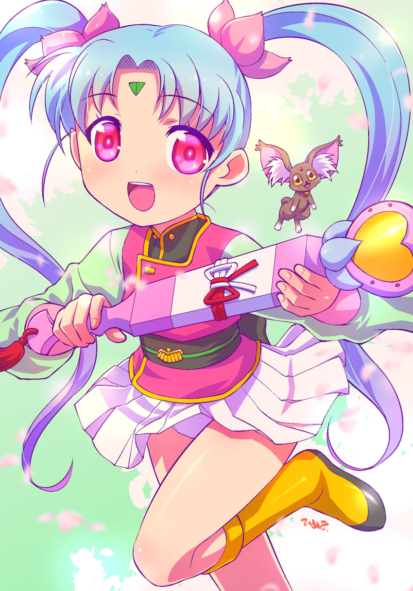 1girl :d black_sash black_shoes blue_hair facial_mark flower forehead_mark hair_flower hair_ornament highres himehachi_(hime8manga) holding holding_wand kawai_sasami kneehighs leg_up long_hair magical_girl mahou_shoujo_pretty_sammy miniskirt obi obijime open_mouth panties pantyshot pink_flower pink_vest pleated_skirt pretty_sammy_(character) red_eyes ryou-ouki sash shoes skirt smile socks teeth twintails underwear upper_teeth_only vest wand white_panties white_skirt yellow_socks