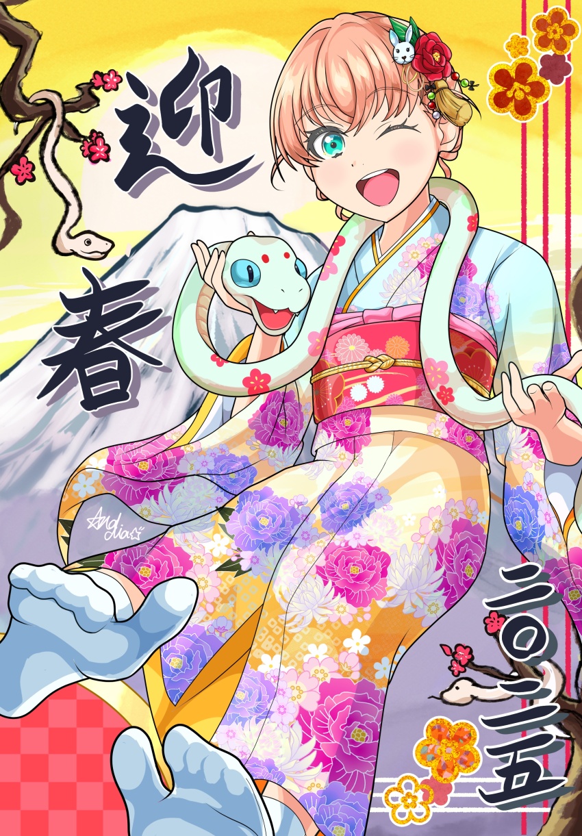 1girl 2025 ;d absurdres alternate_hairstyle aqua_eyes arcadia_gwsns72 blue_kimono chinese_zodiac commentary_request crossed_bangs feet floral_print floral_print_kimono flower full_body hair_flower hair_ornament highres hinoshita_kaho japanese_clothes kimono link!_like!_love_live! long_sleeves looking_at_viewer love_live! mountain obi obiage obijime one_eye_closed open_mouth orange_hair print_kimono red_flower red_sash sash short_hair sky smile snake snake_on_shoulder sun sunrise tabi tassel tassel_hair_ornament translation_request virtual_youtuber year_of_the_snake yellow_sky