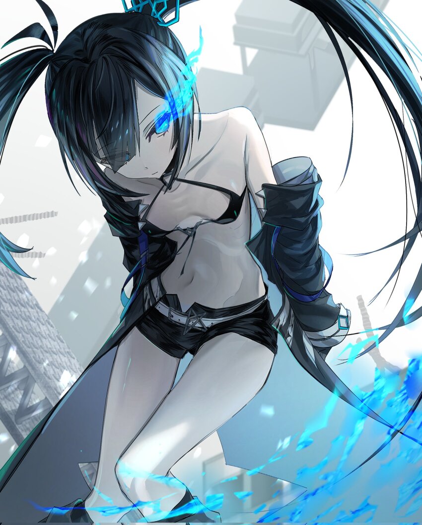 bikini bikini_top_only black_bikini black_boots black_hair black_jacket black_rock_shooter black_rock_shooter_(character) black_shorts blue_eyes blue_fire boots closed_mouth feet_out_of_frame fire flaming_eye flat_chest front-tie_bikini_top front-tie_top ggxdgbkof highres jacket long_hair navel off_shoulder pale_skin short_shorts shorts star-shaped_pupils star_(symbol) stomach swimsuit symbol-shaped_pupils thighs twintails uneven_twintails