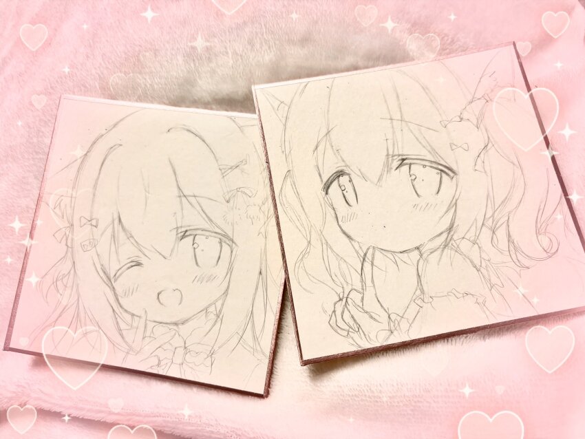 1girl ;d azumi_kazuki bare_shoulders blush bow closed_mouth commentary_request detached_sleeves fang heart highres index_finger_raised multiple_views one_eye_closed open_mouth original photo_(medium) puffy_sleeves sketch smile traditional_media twintails v