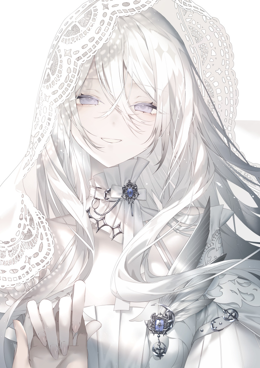 1girl 1other absurdres collarbone commentary dress grey_eyes hair_between_eyes highres holding_hands kotarou_(kot_mochi) lace-trimmed_veil lace_trim long_hair looking_at_viewer original pale_skin pov pov_hands single_strap smile solo_focus upper_body veil white_background white_dress white_hair white_veil