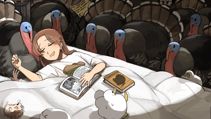 2girls bird book brown_eyes brown_hair chicken closed_eyes commentary diva_(hyxpk) drooling duck english_commentary food-themed_clothes froggy_nun_(diva) hedgehog highres hungry_nun_(diva) little_nuns_(diva) long_hair mouth_drool multiple_girls nose_bubble shirt sleeping slice_of_life too_many turkey_(bird) under_covers white_shirt