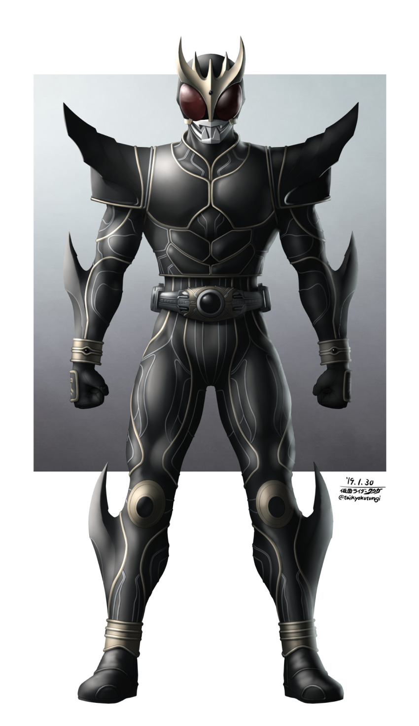 1boy arcle_(kuuga) arm_blade armor belt black_armor black_bodysuit bodysuit breastplate clenched_hands compound_eyes fake_horns full_armor full_body gauntlets gloves gold_horns helmet highres horned_helmet horns kamen_rider kamen_rider_kuuga kamen_rider_kuuga_(series) kamen_rider_kuuga_(ultimate_form) male_focus pauldrons plate_armor power_armor red_eyes rider_belt shoulder_armor solo spikes standing taikyoku_tsurugi tokusatsu weapon