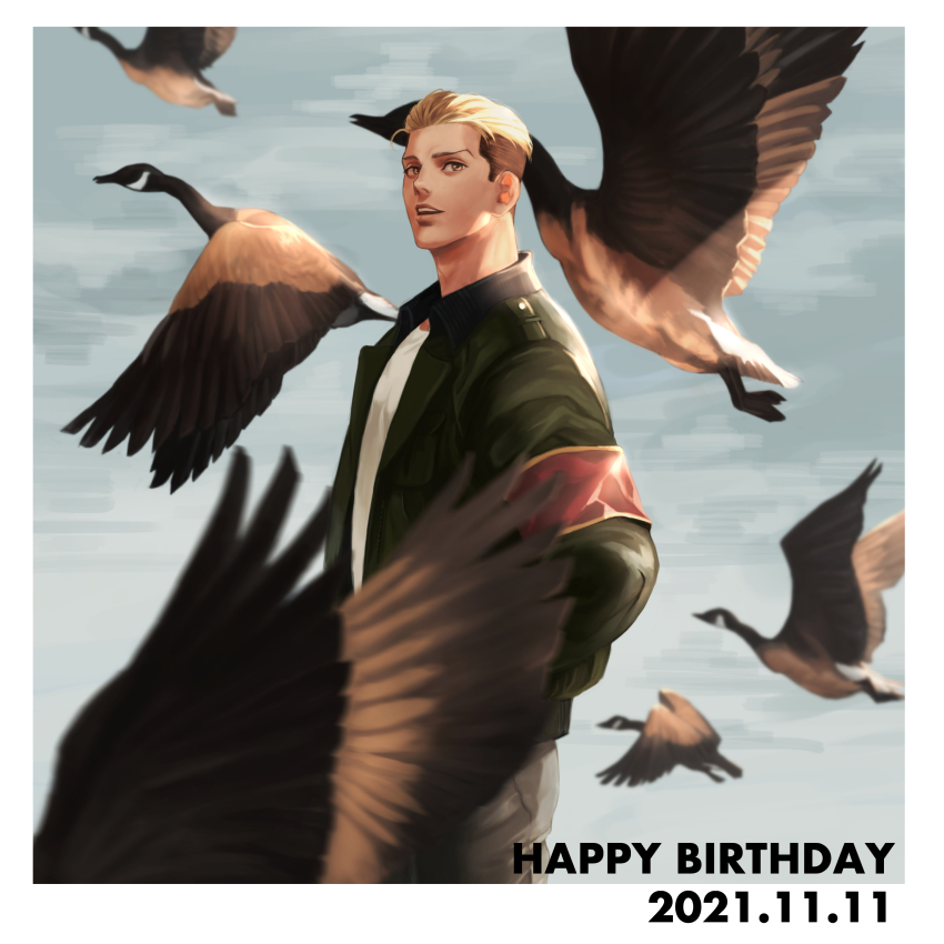 1boy absurdres armband bird black_jacket commentary_request dated goose happy_birthday highres jacket kogu_(nue_insideout) long_sleeves looking_at_viewer male_focus open_mouth porco_galliard red_armband shingeki_no_kyojin shirt solo undercut white_shirt