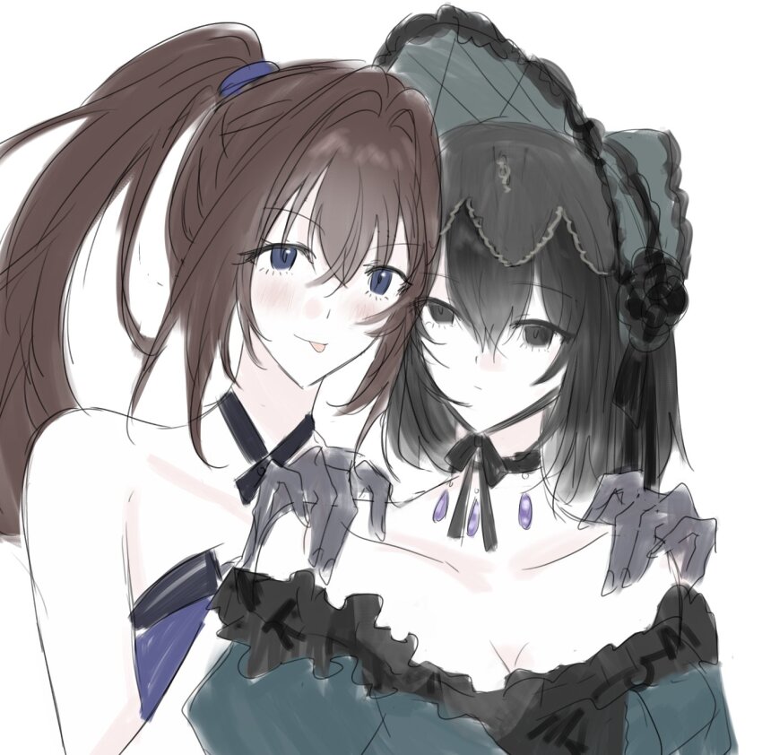 2girls :p aozaki_aoko black_eyes black_hair blue_dress blue_eyes bob_cut bonnet brown_hair closed_mouth dress fate/grand_order fate_(series) green_bonnet green_dress highres kuonji_alice kuonji_alice_(third_ascension) long_hair mahou_tsukai_no_yoru multiple_girls ponytail seiraa short_hair tongue tongue_out