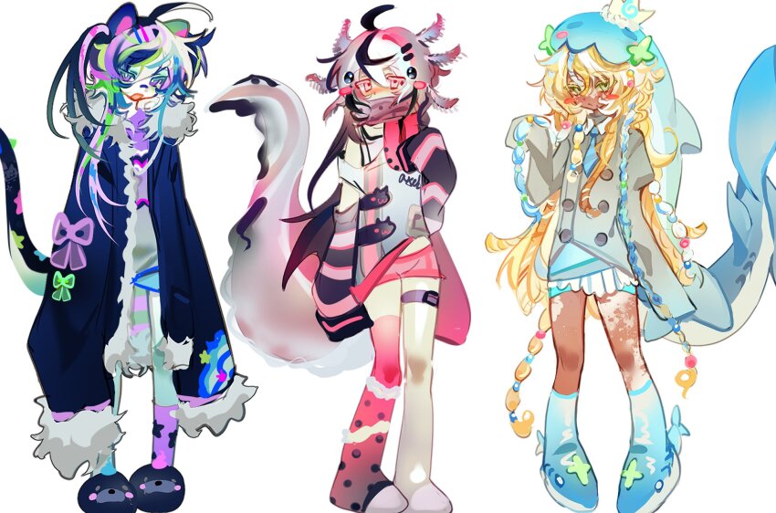 3girls ahoge asymmetrical_legwear black_arm_warmers blonde_hair blue_boots blue_coat blush_stickers boots closed_mouth cloud_(lufaeris) coat commentary dark-skinned_female dark_skin english_commentary fur-trimmed_coat fur_trim green_eyes grey_jacket grey_shirt hair_between_eyes highres hood hood_up jacket long_hair long_sleeves looking_at_viewer messy_hair mismatched_legwear multicolored_hair multiple_girls open_clothes open_coat open_mouth original pink_eyes pink_hair purple_eyes purple_hair shirt simple_background sleeves_past_fingers sleeves_past_wrists streaked_hair striped_arm_warmers tail white_background white_hair