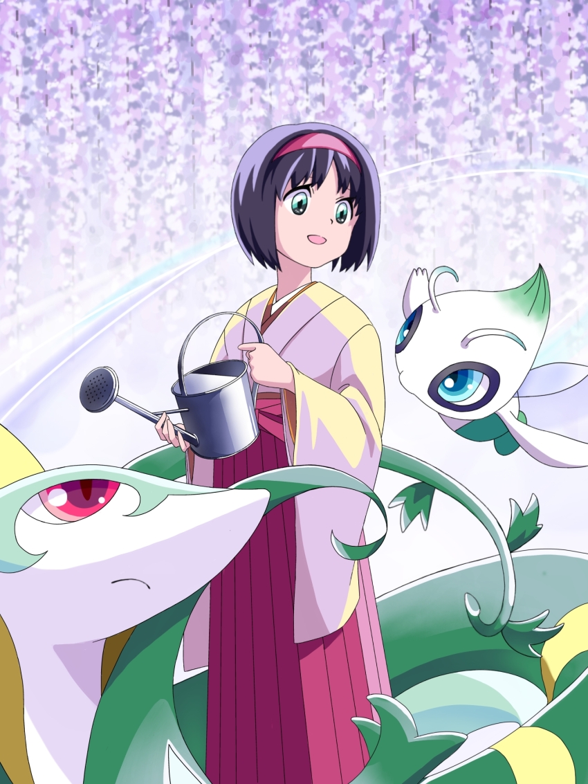 1girl :d black_hair celebi commentary_request erika_(pokemon) gen_2_pokemon gen_5_pokemon hairband hakama hakama_skirt highres holding holding_watering_can japanese_clothes kanatorasan kimono legendary_pokemon looking_down mythical_pokemon nintendo open_mouth pokemon pokemon_(creature) pokemon_frlg red_hairband red_hakama serperior short_hair skirt smile solo watering_can wide_sleeves yellow_kimono