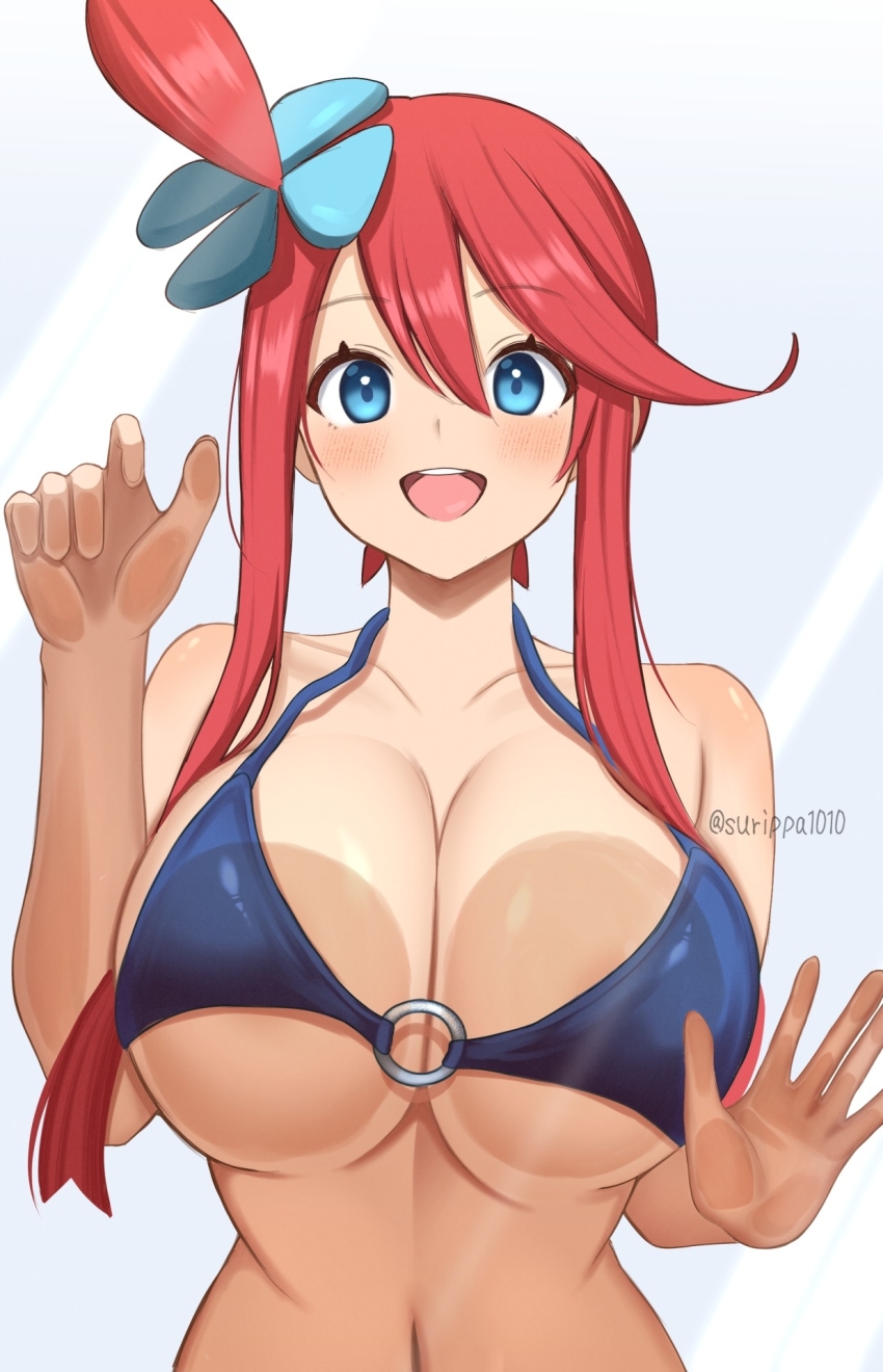 1girl :d against_glass artist_name bikini blue_bikini blue_eyes breast_press breasts cleavage collarbone commentary_request game_freak hair_ornament hands_up highres large_breasts looking_at_viewer navel nintendo o-ring o-ring_bikini one_side_up open_mouth paid_reward_available pokemon pokemon_bw red_hair simple_background skyla_(pokemon) smile strap_gap surippa1010 swimsuit tan twitter_username upper_body