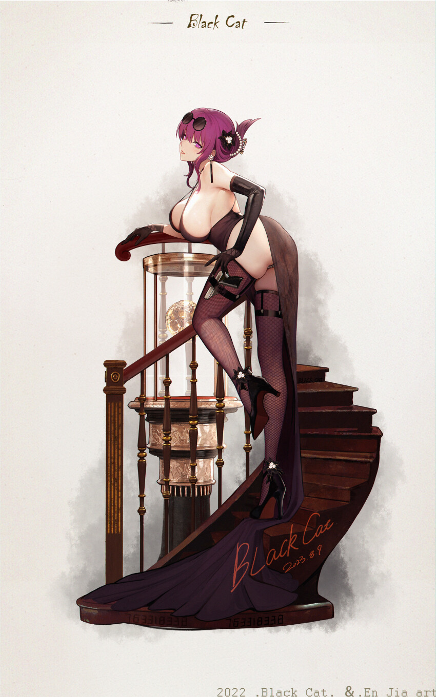 1girl absurdres arm_support ass bare_shoulders black_dress black_flower black_footwear black_gloves blackcat_enjia breasts chinese_commentary commentary dated dress earrings elbow_gloves english_commentary english_text eyewear_on_head fence fishnet_pantyhose fishnets flower from_side gloves gun hair_between_eyes hair_flower hair_ornament high_heels highres honkai:_star_rail honkai_(series) jewelry kafka_(honkai:_star_rail) large_breasts leg_support light_blush lipstick long_hair looking_at_viewer makeup mixed-language_commentary open_clothes open_dress pantyhose parted_lips pearl_thong purple_eyes purple_hair round_eyewear see-through_clothes sideboob sidelocks simple_background single_elbow_glove solo stairs standing standing_on_one_leg sunglasses weapon