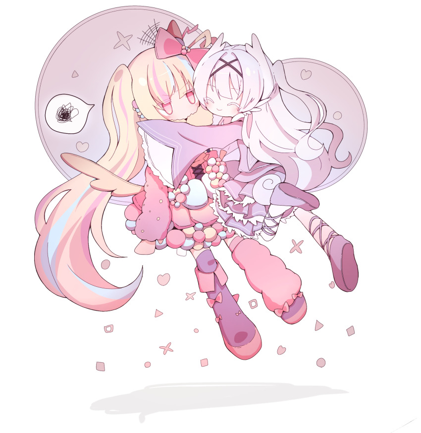 1bitheart 2girls ^_^ blonde_hair blue_dress blue_hair boots bow chibi closed_eyes closed_mouth dress hair_bow headphones heart highres hug leg_warmers long_hair mizuki_miclairno_miumi multicolored_dress multicolored_hair multiple_girls ohamihaeru pink_bow pink_dress pink_hair purple_footwear purple_legwear seno_mary single_leg_warmer smile speech_bubble spoken_squiggle squiggle streaked_hair twintails two_side_up very_long_hair white_hair wide_sleeves winged_headphones