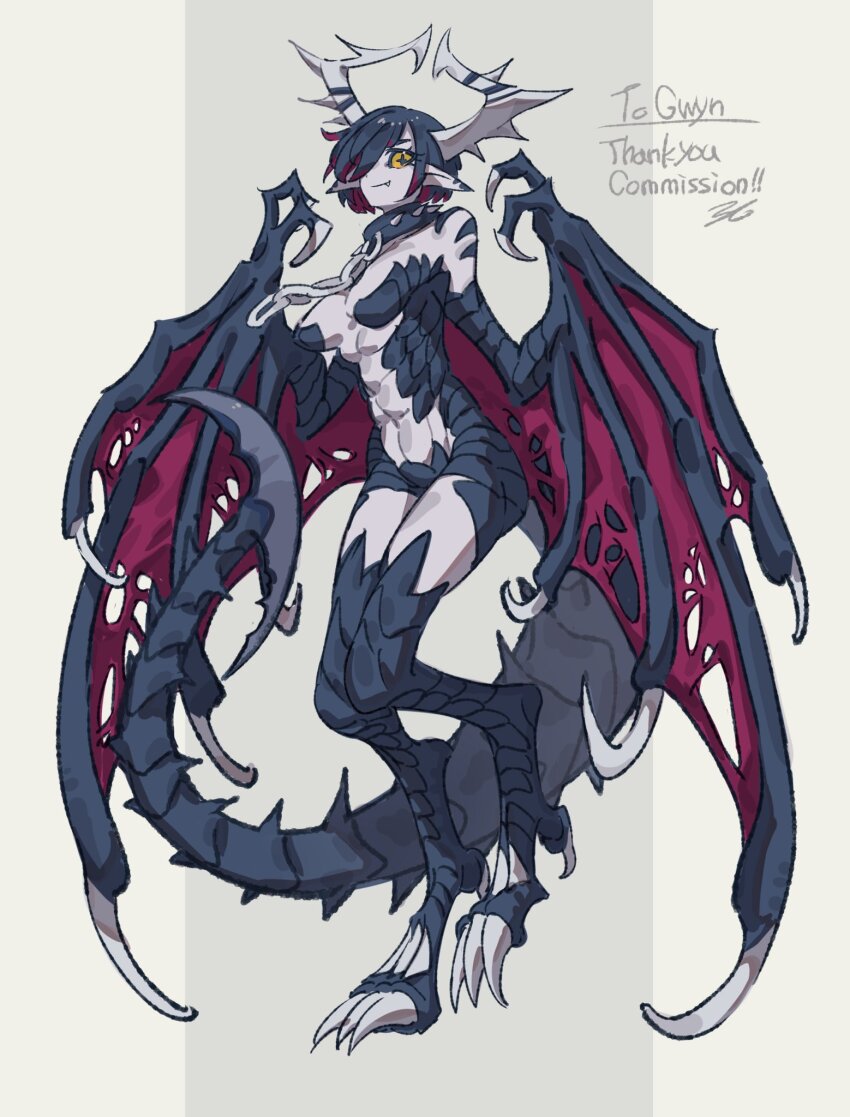 +_+ 1girl abs blue_hair breasts chain claws collar colored_inner_hair colored_skin commission digitigrade dragon dragon_girl dragon_horns dragon_tail dragon_wings fang full_body grey_skin highres horns medium_breasts monster_girl multicolored_hair original pointy_ears red_hair ruteko_(ruko220) scales short_hair solo standing standing_on_one_leg tail torn_wings winged_arms wings wyvern yellow_eyes