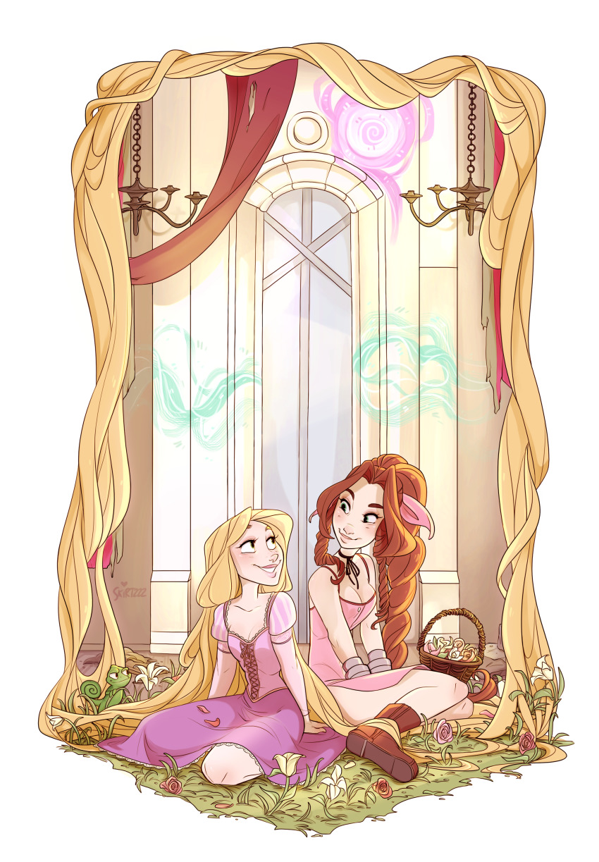 2girls absurdly_long_hair absurdres aerith_gainsborough bangle blonde_hair boots bracelet brown_hair chandelier commentary commission crossover disney dress english_commentary final_fantasy final_fantasy_vii flower flower_basket grass green_eyes hanging highres jewelry kingdom_hearts lifestream long_hair mandy_moore meteor multiple_girls neck_ribbon painting_(object) pascal_(tangled) ponytail rapunzel_(disney) ribbon voice_actor_connection signature skirtzzz tangled trait_connection very_long_hair