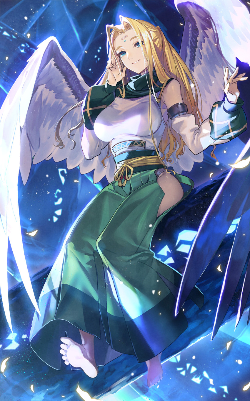 1girl ainu_clothes amano_hana angel_wings aquaplus barefoot blonde_hair blue_eyes breasts dress feathered_wings feathers feet from_below full_body green_scarf hair_over_breasts hair_over_one_breast hair_over_one_eye hair_over_shoulder highres hip_vent large_breasts oversized_wings leotard leotard_under_clothes long_hair long_legs looking_at_viewer nose official_art parted_lips scarf sitting sleeveless smirk solo thighs ulthury utawarerumono utawarerumono:_lost_flag wavy_hair wings