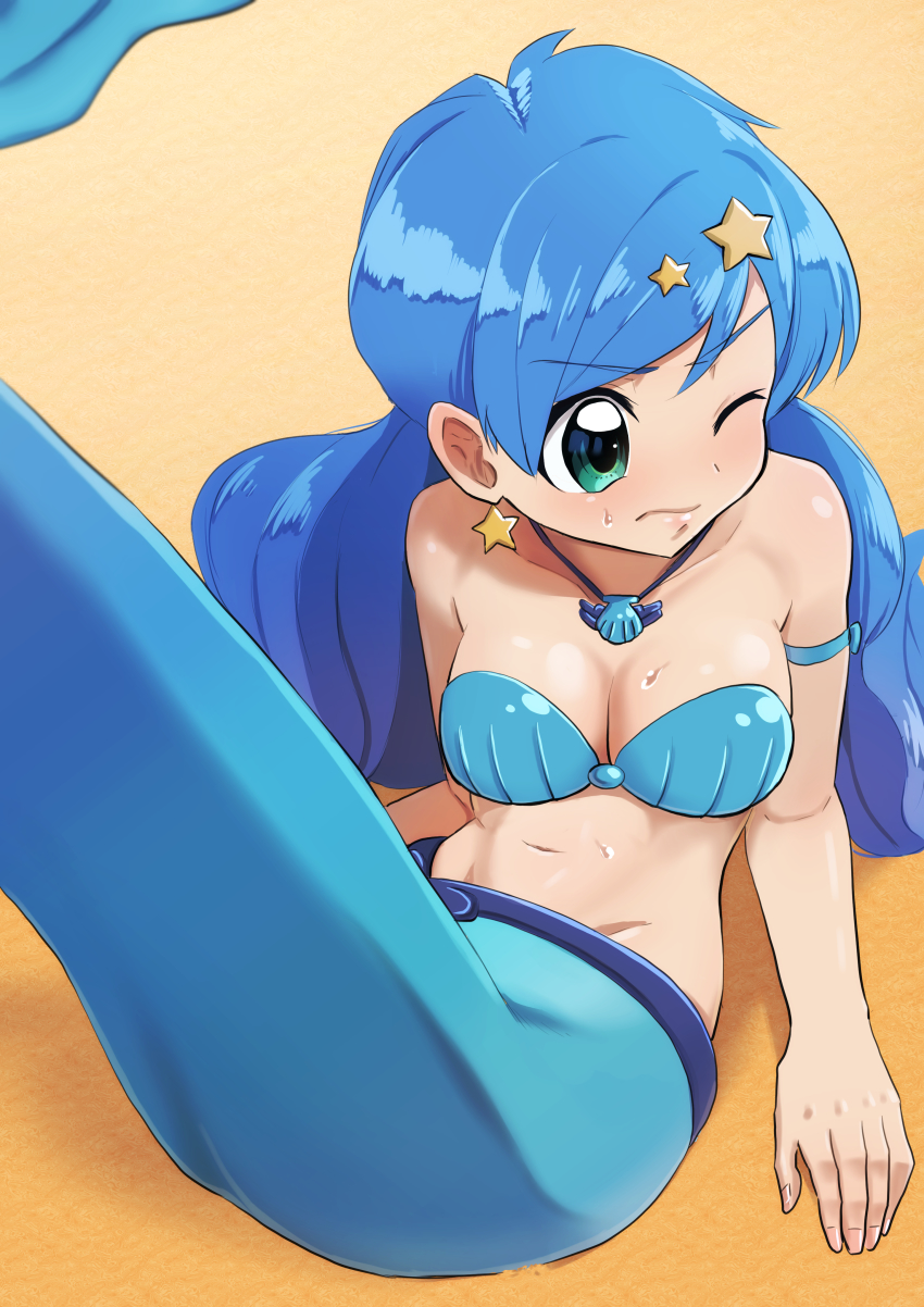 1girl absurdres arm_strap arm_support bare_shoulders bikini blue_eyes blue_hair blue_tail breasts cleavage closed_mouth collarbone commentary_request commission earrings hair_ornament hasegawa_(hase_popopo) highres houshou_hanon houshou_hanon_(mermaid) jewelry long_hair looking_to_the_side medium_breasts mermaid mermaid_melody_pichi_pichi_pitch monster_girl navel necklace sand shadow shell shell_bikini shell_necklace sidelocks sitting skeb_commission solo star_(symbol) star_earrings star_hair_ornament stomach sweat tail_raised