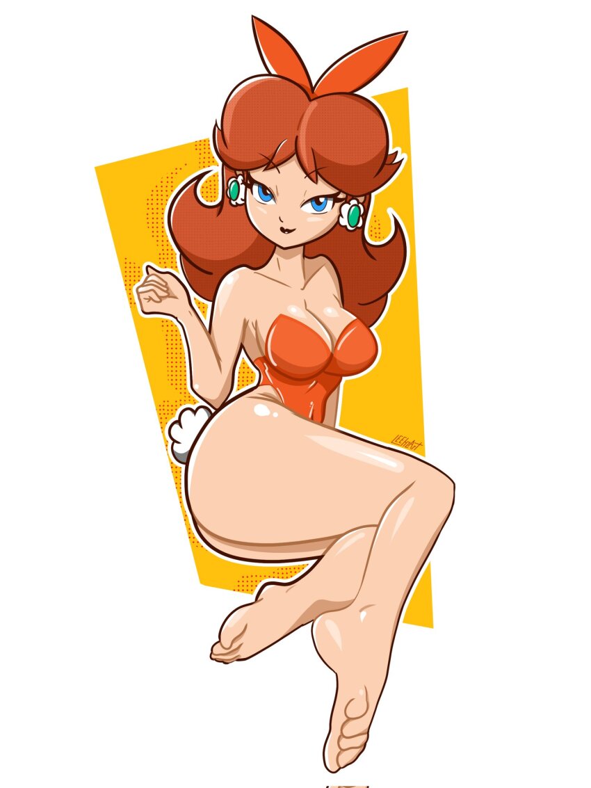 1girl bare_shoulders barefoot blue_eyes breasts cleavage earrings feet flower_earrings full_body highres jewelry leehzart legs leotard lipstick looking_at_viewer makeup mario_(series) nintendo princess_daisy rabbit_ears rabbit_tail red_hair sitting solo super_mario_land super_mario_land_2 thighs tomboy
