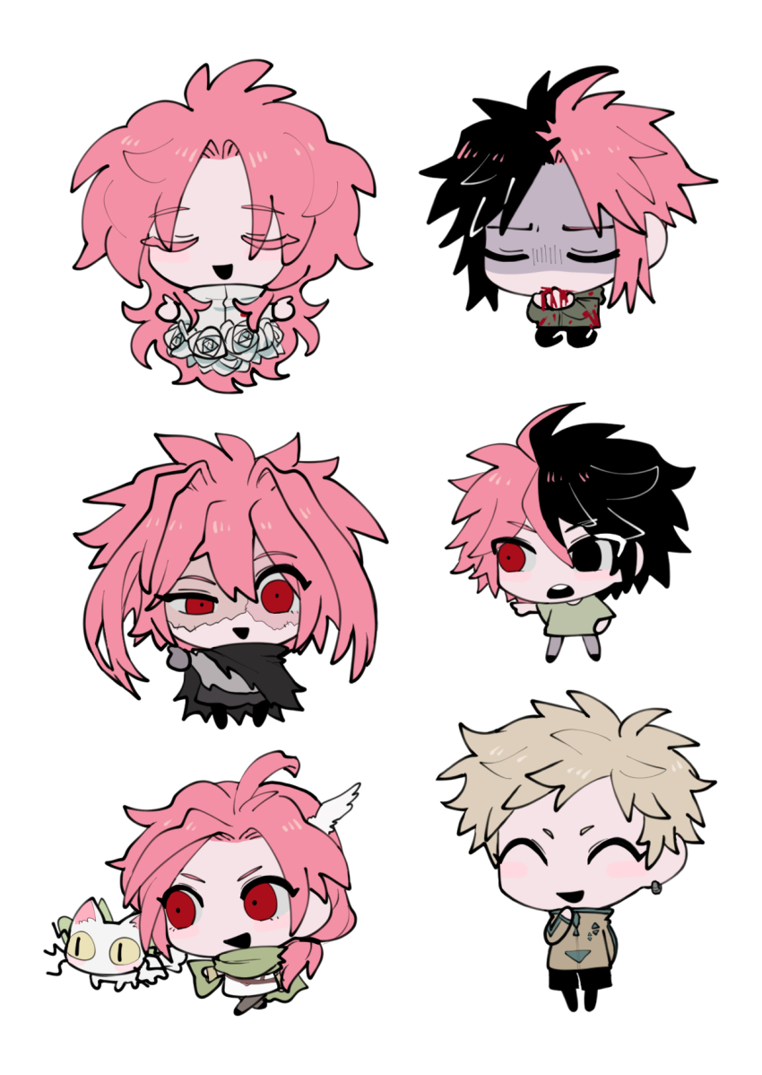 6+boys ^_^ ahoge black_cape black_eyes black_hair black_pants black_shorts blonde_hair brown_pants cape chibi chibi_only closed_eyes colored_eyelashes commentary_request dita_iliner earclip feather_hair_ornament feathers flower gloves godzylla_(saibou_shinkyoku) green_jacket green_scarf green_shirt grey_gloves grey_shirt hair_ornament haruno_shion hatsutori_hajime heterochromia highres jacket korean_commentary long_hair male_focus multicolored_hair multiple_boys mutsushika_misumi nanami_izu nijou_ryuu nu_(qjqmfqjqmf02) open_mouth pants parted_bangs patchwork_skin pink_hair red_eyes rose saibou_shinkyoku scarf shaded_face shirt short_sleeves shorts simple_background smile split-color_hair spoilers torn_cape torn_clothes two-tone_hair uneven_eyes white_background white_flower white_rose white_shirt yellow_jacket